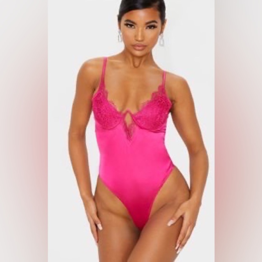 pretty little thing pink lace body suit